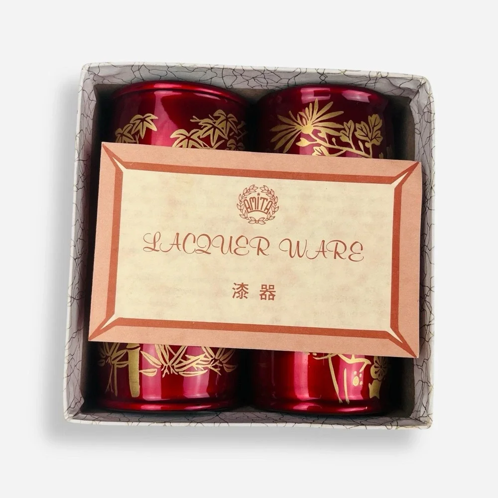 Vintage Japanese Lacquer‎ Ware Napkin Rings Set 6 Red Gold Amita Tokyo Japan